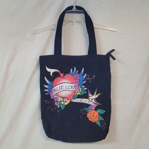 Black Tote Bag with Heart and Floral Design-True Love Forever